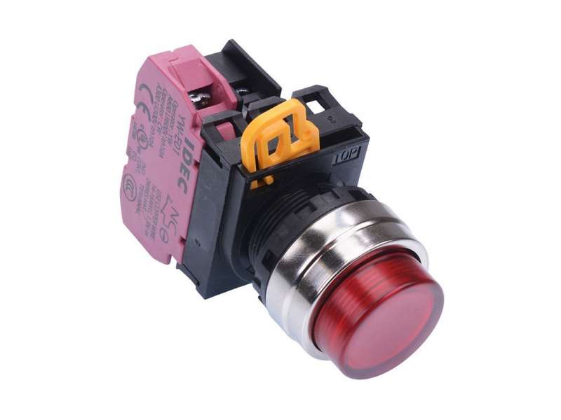 IDEC Pushbutton - illuminated / YW series, Ø30mm dome pilot light /extended button, Momentary, Metal bezel, 0NO, 2NC Red 24V AC/DC; Y