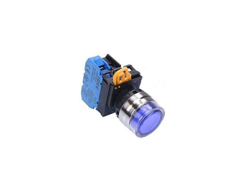 IDEC Pushbutton - illuminated / YW series, Ø30mm extended with full shroud, Momentary, Metal bezel, 1NO, 0NC Blue 24V AC/DC; YW4L-MF2