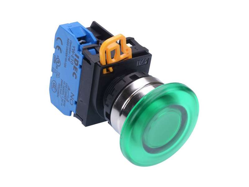 IDEC Pushbutton - illuminated / YW series, Ø40mm mushroom button, Momentary, Metal bezel, 1NO, 0NC Green 24V AC/DC; YW4L-M4E10Q4G