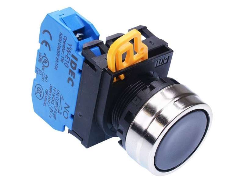 IDEC Pushbutton - non illuminated / YW series, Ø30mm button, Maintained, Metal bezel, 1NO, 0NC Black; YW4B-A1E10B