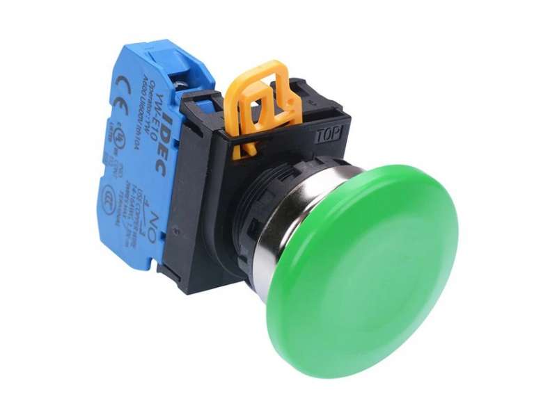 IDEC Pushbutton - non illuminated / YW series, Ø40mm mushroom button, Momentary, Metal bezel, 1NO, 0NC Green; YW4B-M2E10G